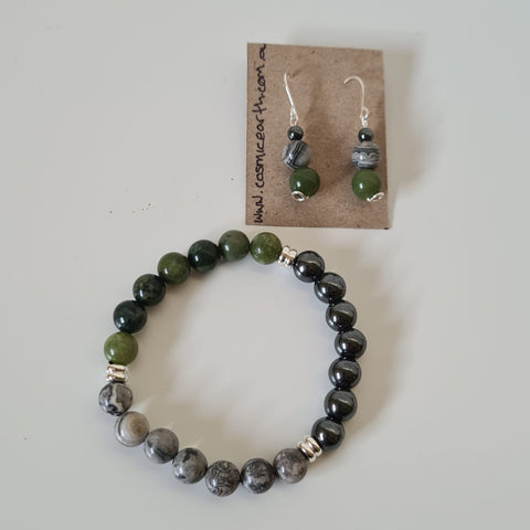 Green Jade, Map Jasper, Hematite elastic bracelet