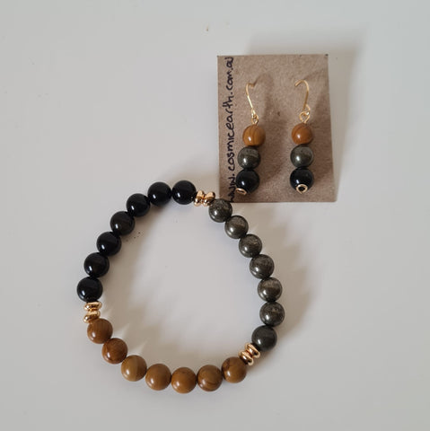 Woodgrain Jasper, Pyrite, Gold Sheen Obsidian elastic bracelet