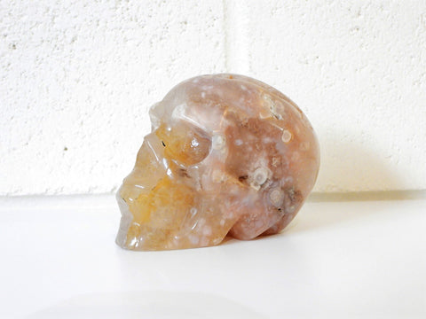 Flower Agate skull carving