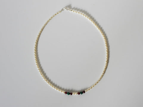 Swarovski rice pearl, Garnet and Malachite necklace